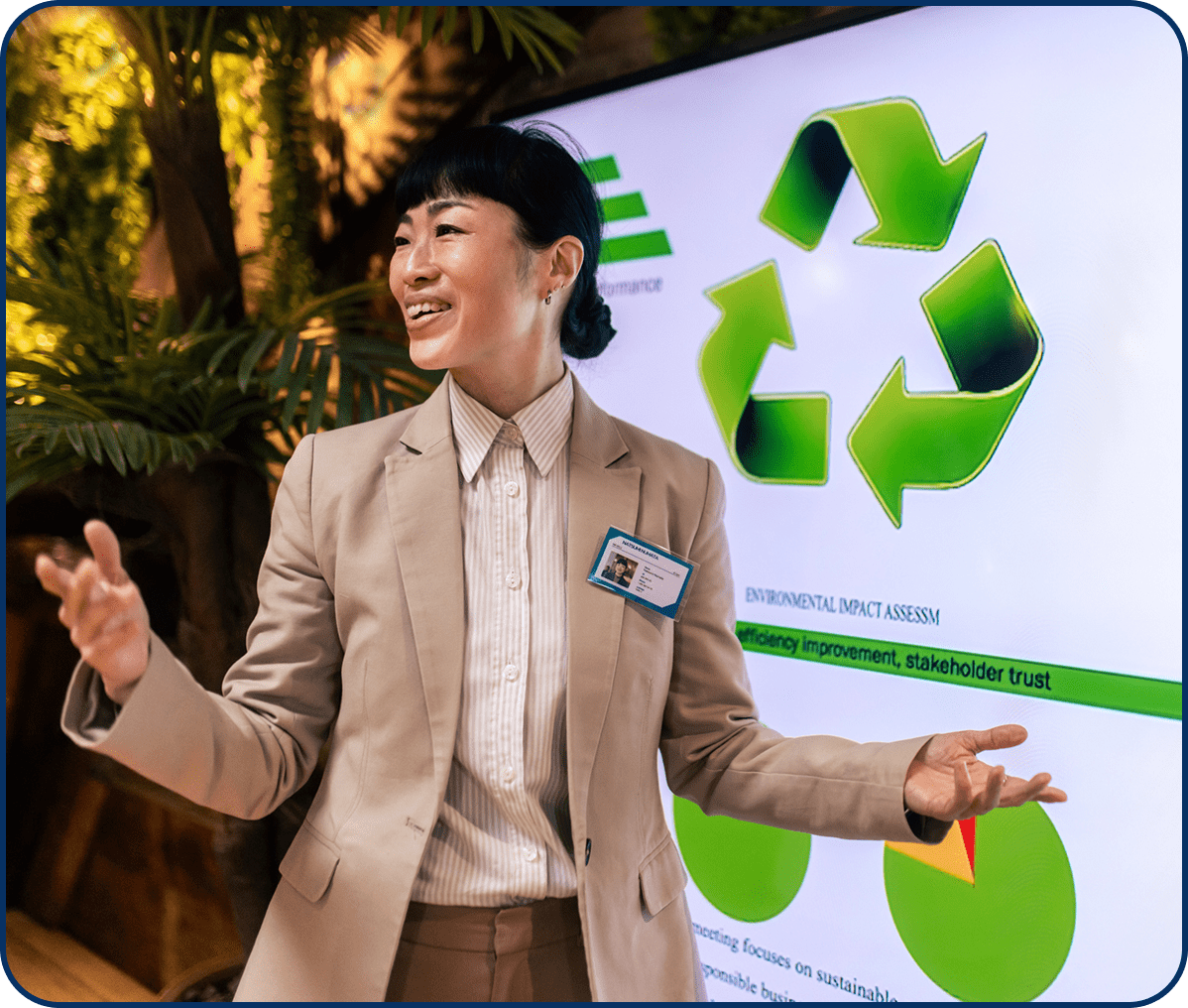 Woman presenting on environmental sustainability.