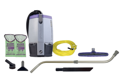 Backpack vacuum with attachments and accessories displayed.