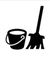 Mop and bucket icon in black silhouette.