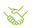 Green handshake icon on black background.