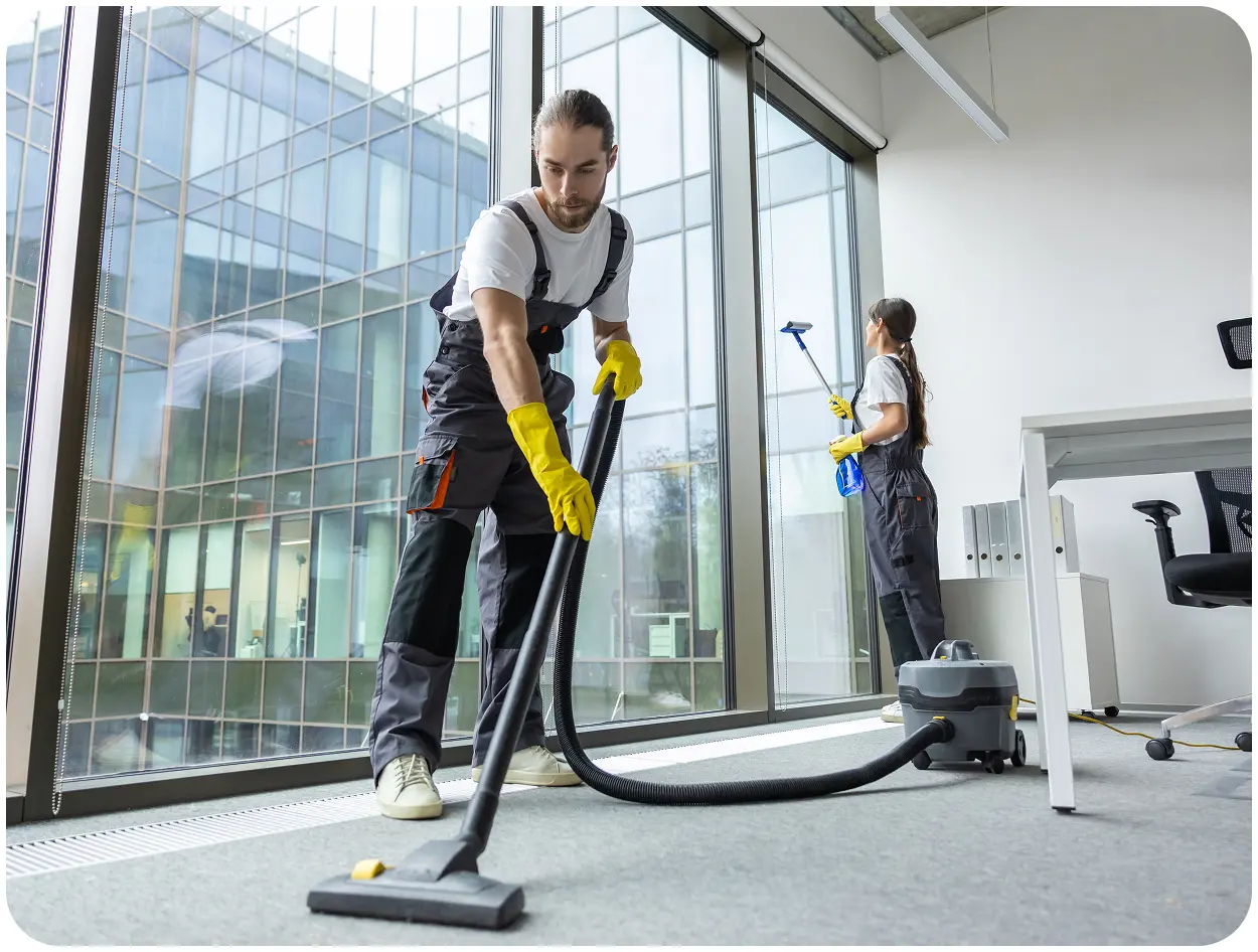 Office cleaning with vacuum and window washing.